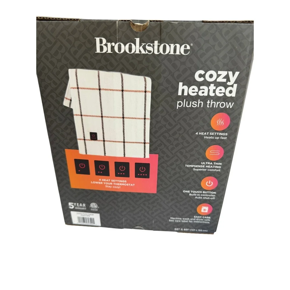 Brookstone Heated Plush Throw Unisex 50x60 White New Plaid TempSense 4 Settings